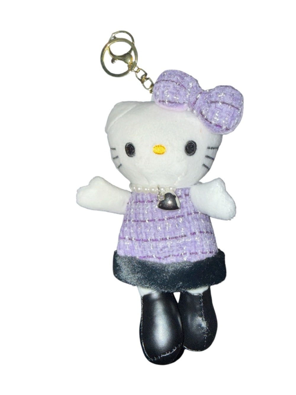 Hello Kitty Purple Tweed Dress Keychain with Pearl Heart Charm